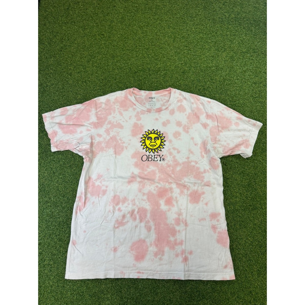 Obey Mens XL Sun Logo Tie Dye‎ Organic Cotton T-Shirt Pink White Streetwear